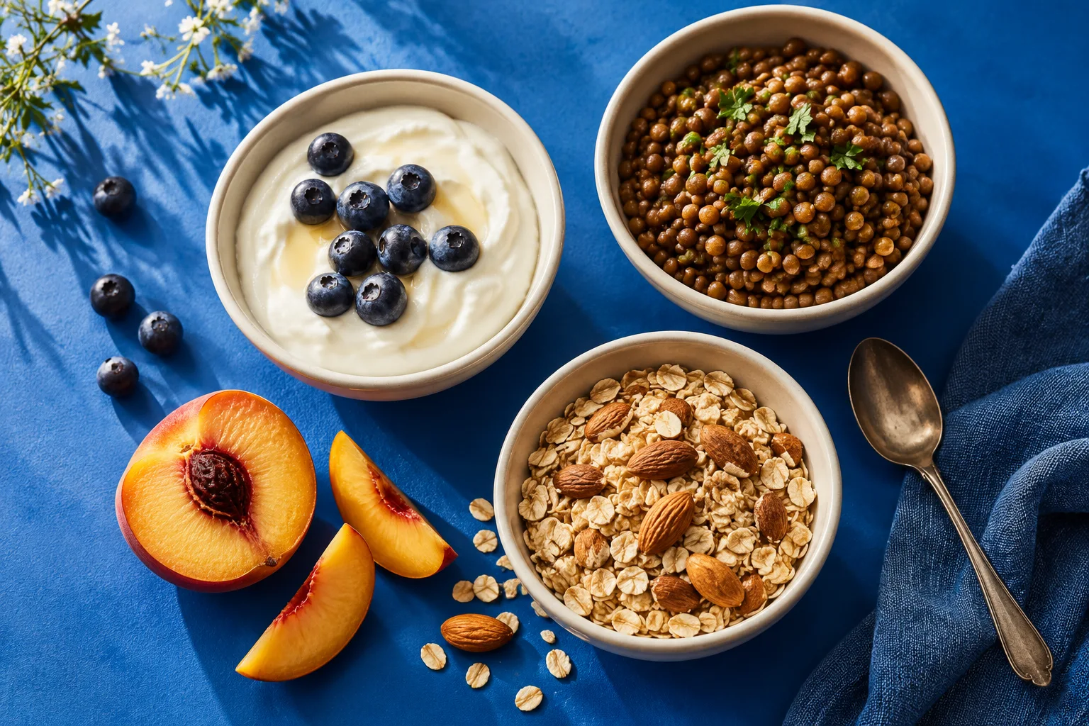 Bowls of yogurt, lentils, and oats on a blue table